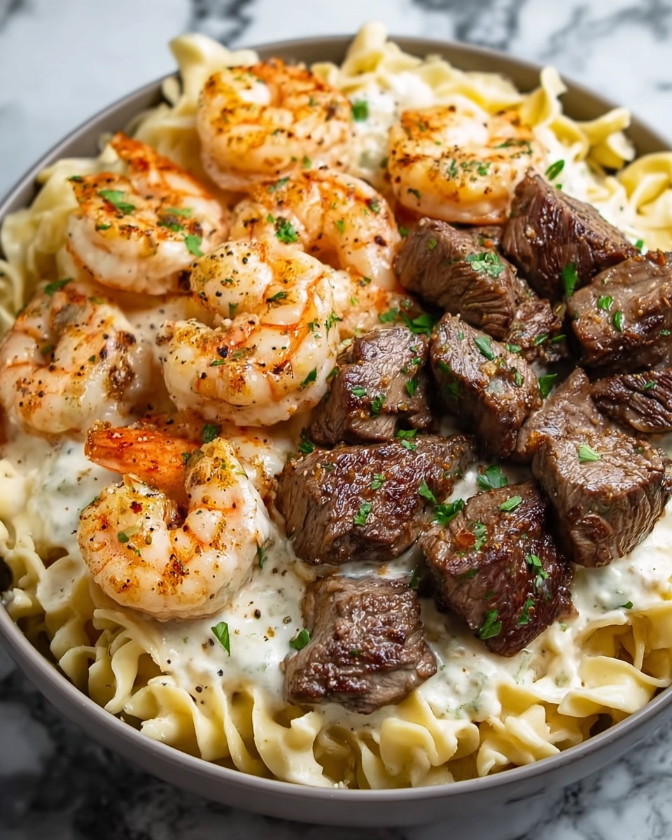 Cajun Shrimp and Steak Alfredo Pasta Recipe - Recipe Image