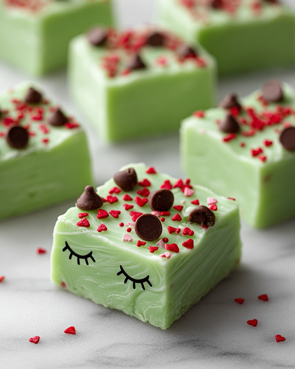 Grinch Green Fudge Recipe with Marshmallow and Red Heart Sprinkles Recipe - Recipe Image