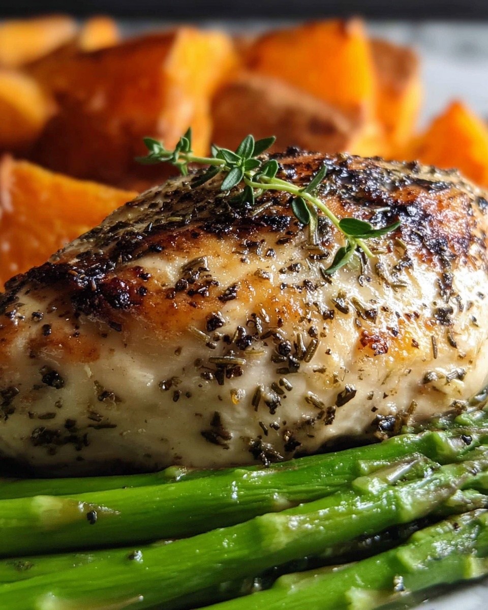 Garlic Herb Chicken with Roasted Sweet Potatoes and Asparagus Recipe - Recipe Image