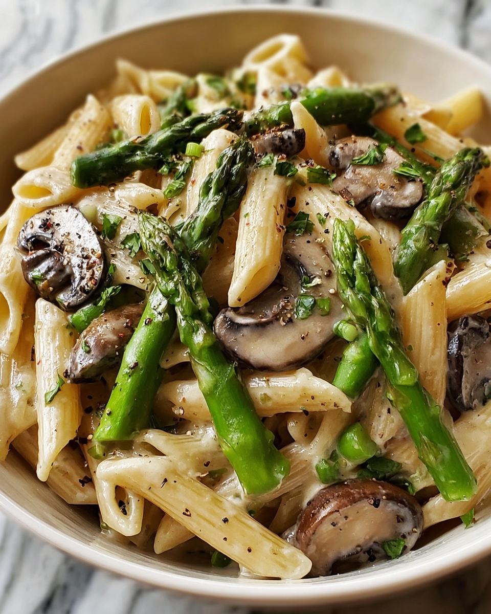 Creamy Mushroom and Asparagus Chicken Penne Recipe - Recipe Image
