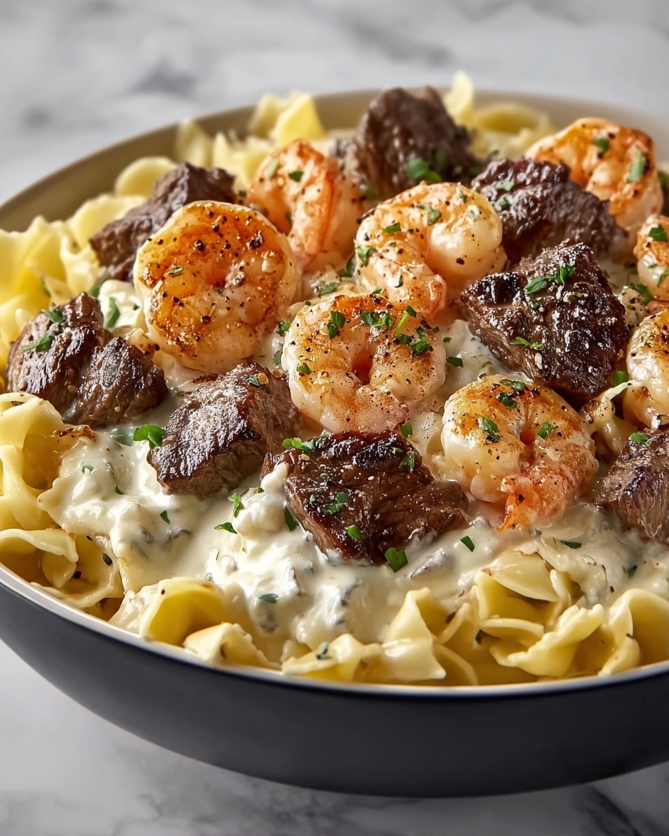 Cajun Shrimp and Steak Alfredo Pasta Recipe - Recipe Image
