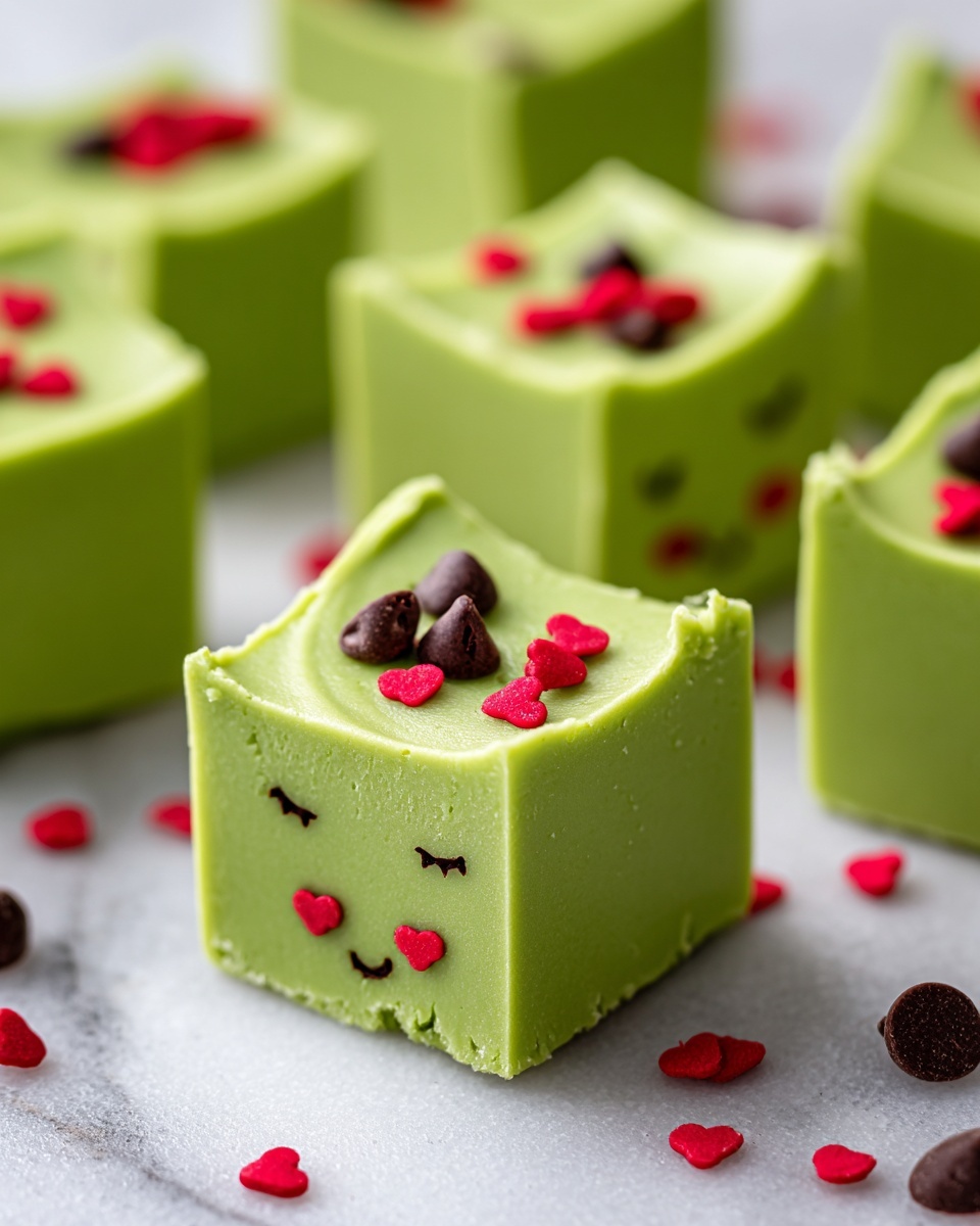Grinch Green Fudge Recipe with Marshmallow and Red Heart Sprinkles Recipe - Recipe Image