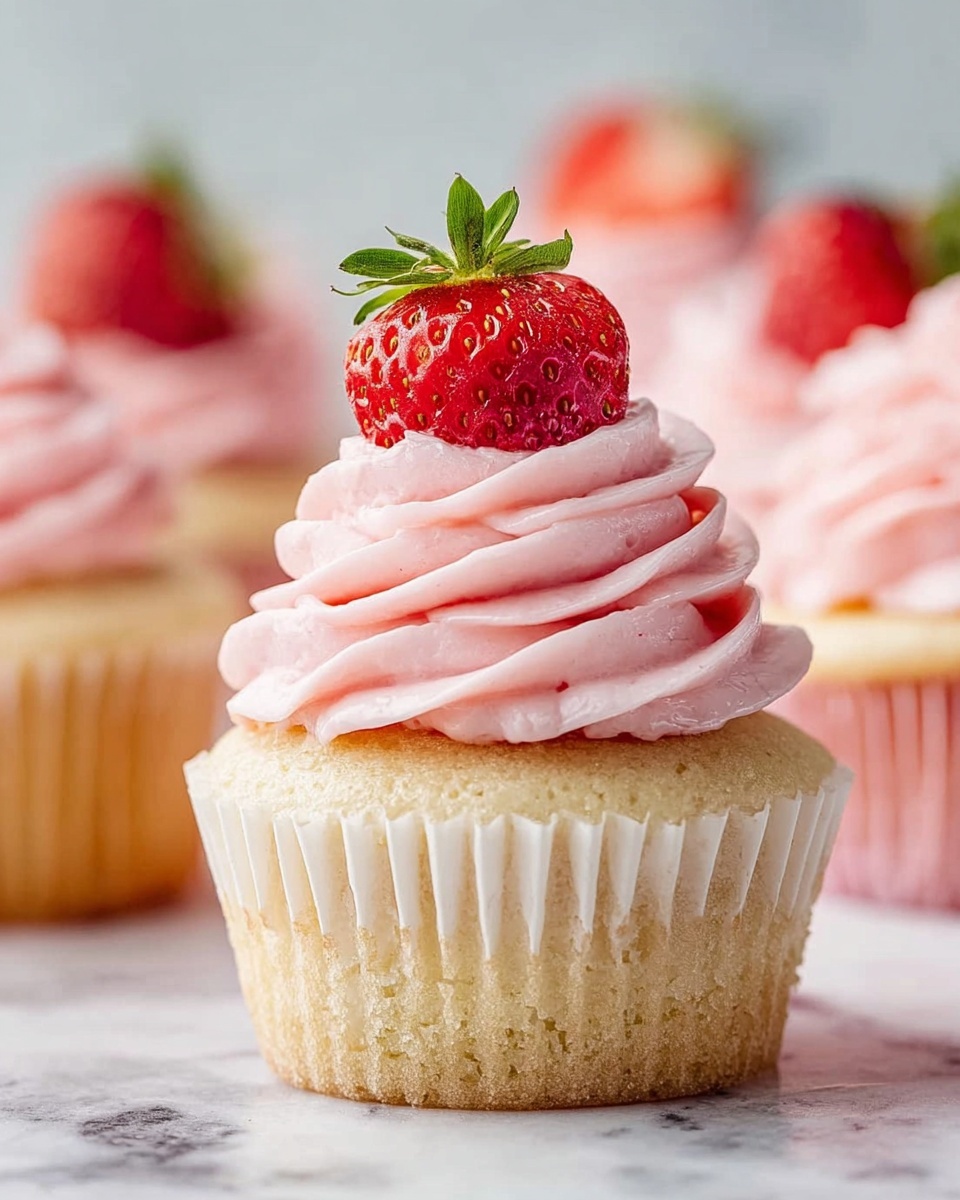 Fluffy Vanilla Cupcakes with Fresh Strawberry Buttercream Recipe - Recipe Image