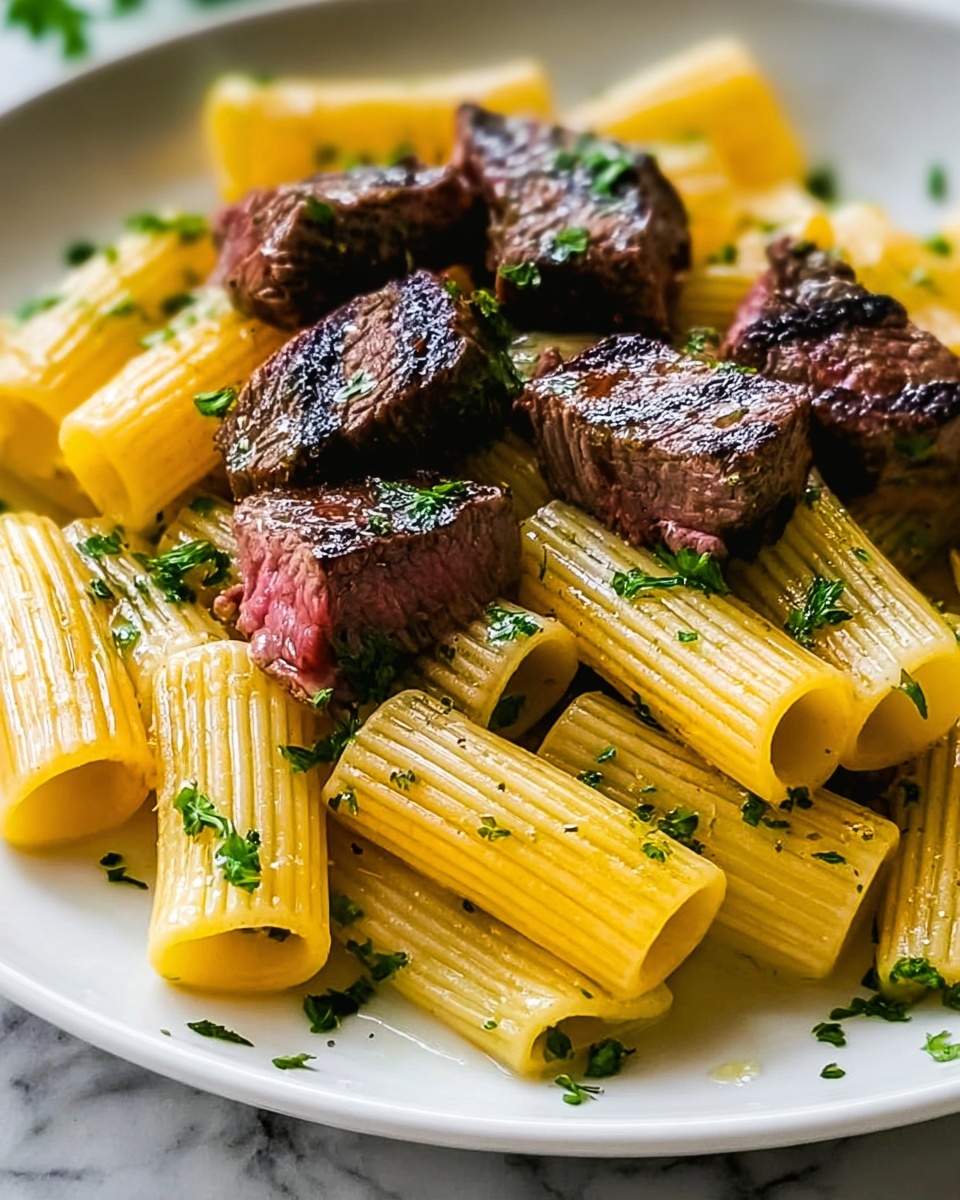 Garlic Butter Steak Tips with Cheesy Rigatoni Recipe - Recipe Image