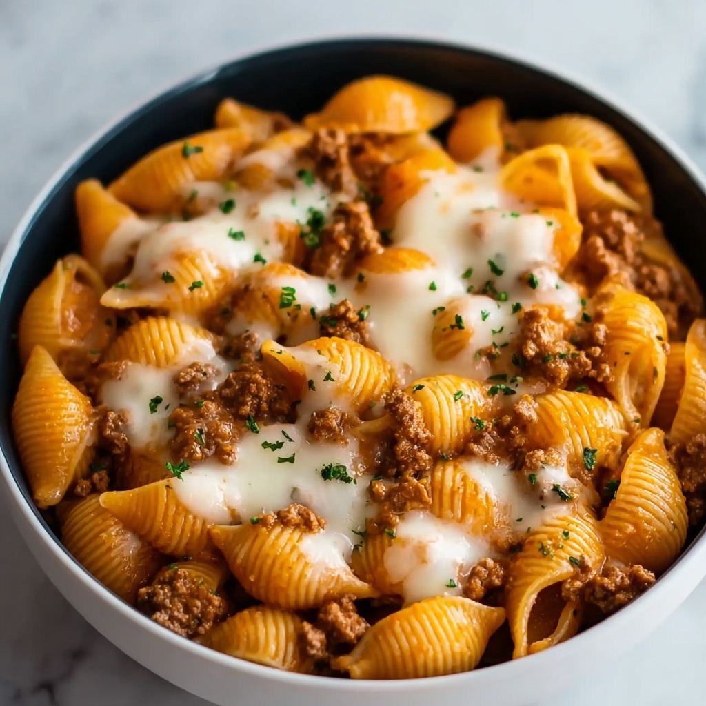 Rich and Comforting Creamy Beef Shells Casserole Recipe - Recipe Image