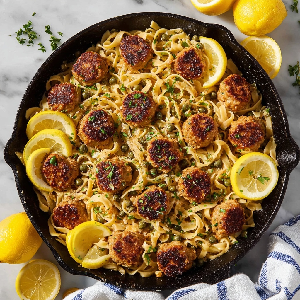 Chicken Piccata Meatballs with Lemon-Caper Sauce and Whole Wheat Linguine Recipe - Recipe Image