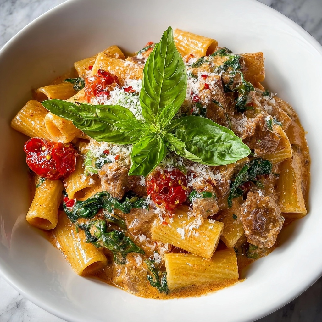 Creamy Sausage Rigatoni with Spinach and Tomato Cream Sauce Recipe - Recipe Image