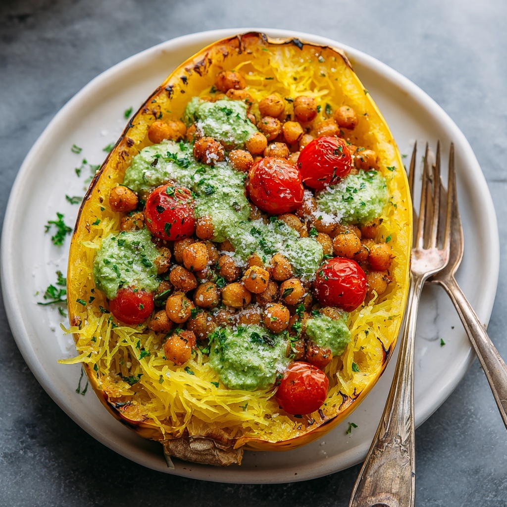 Pesto Spaghetti Squash with Spicy Roasted Chickpeas Recipe - Recipe Image