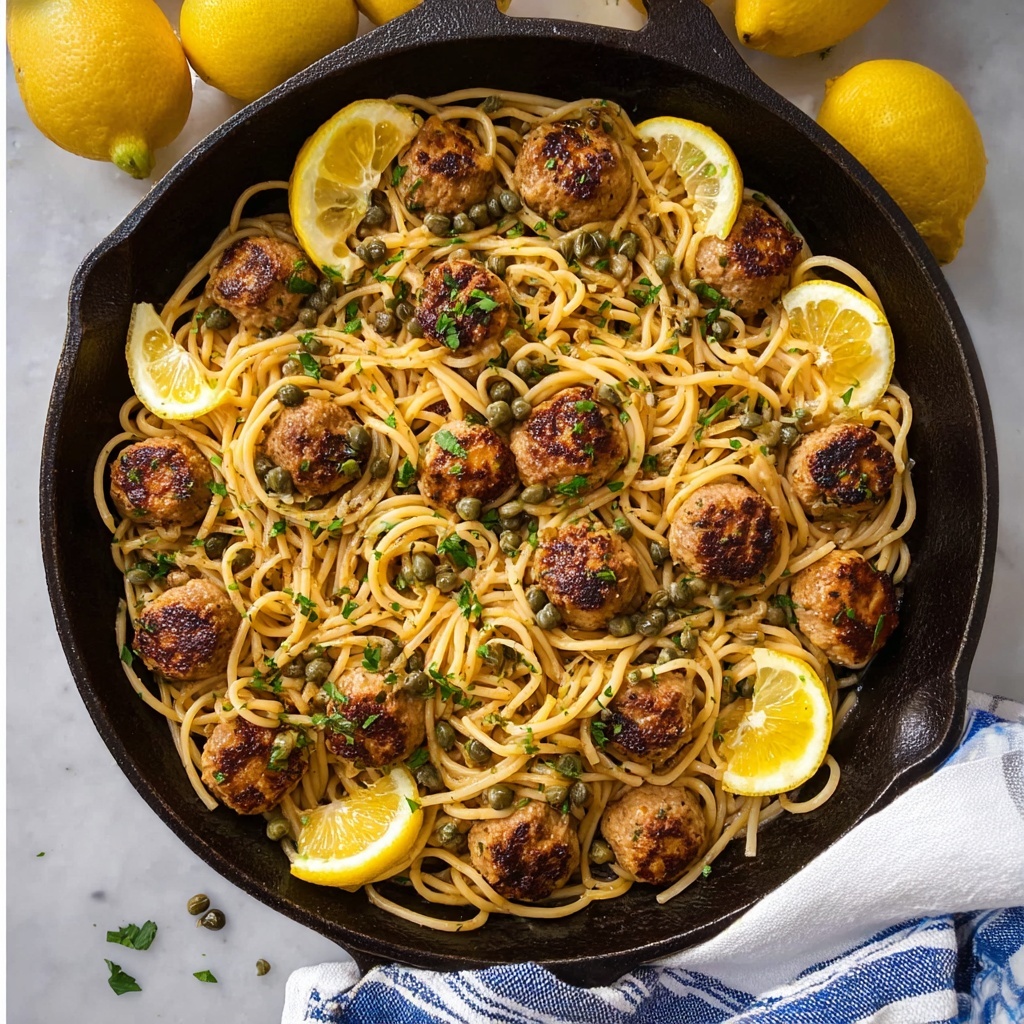 Chicken Piccata Meatballs with Lemon-Caper Sauce and Whole Wheat Linguine Recipe - Recipe Image