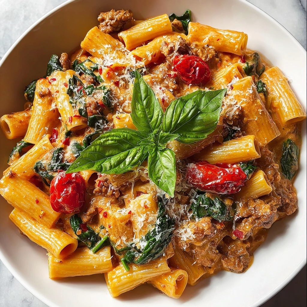 Creamy Sausage Rigatoni with Spinach and Tomato Cream Sauce Recipe - Recipe Image