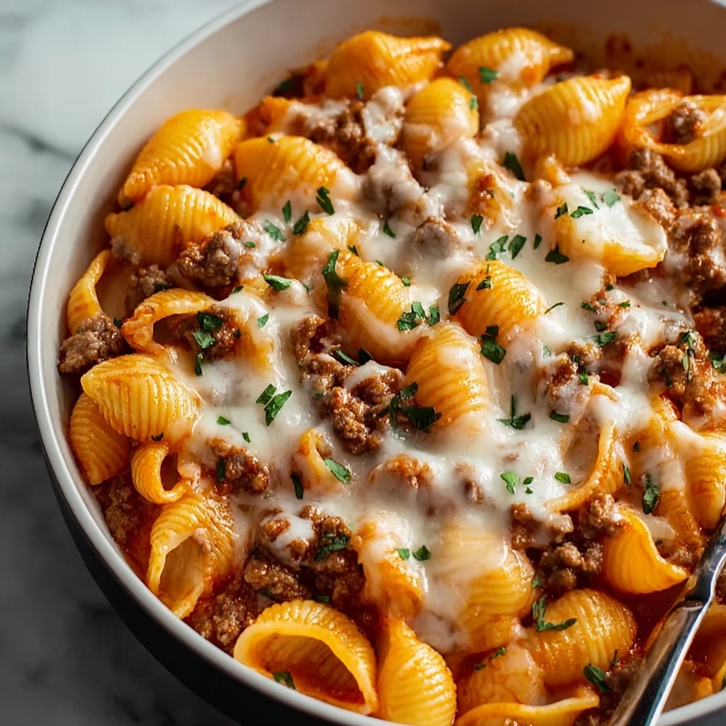 Rich and Comforting Creamy Beef Shells Casserole Recipe - Recipe Image