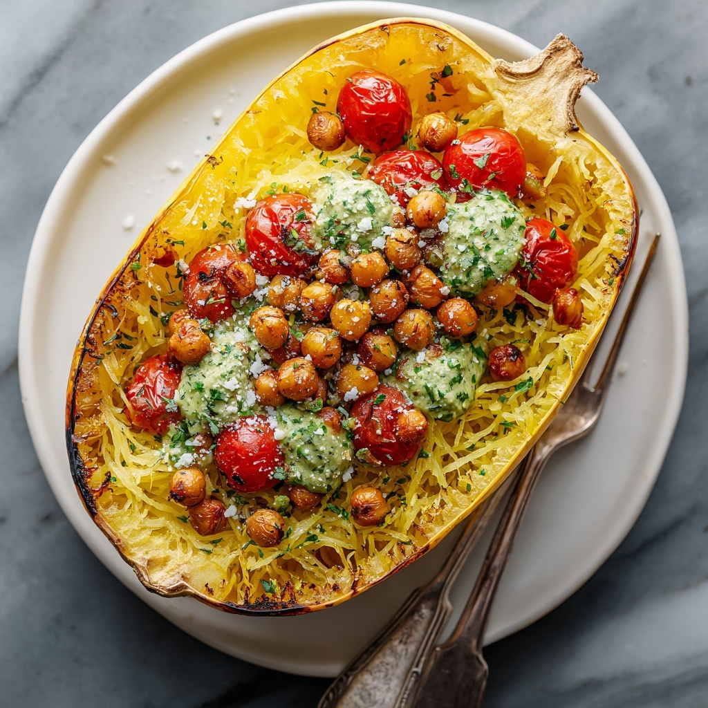 Pesto Spaghetti Squash with Spicy Roasted Chickpeas Recipe - Recipe Image