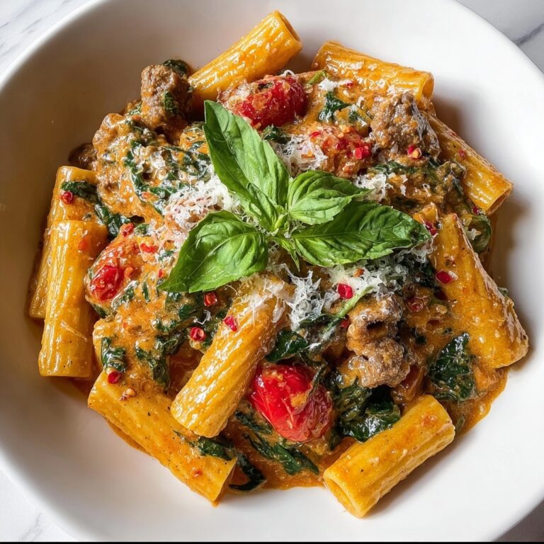 Creamy Sausage Rigatoni with Spinach and Tomato Cream Sauce Recipe