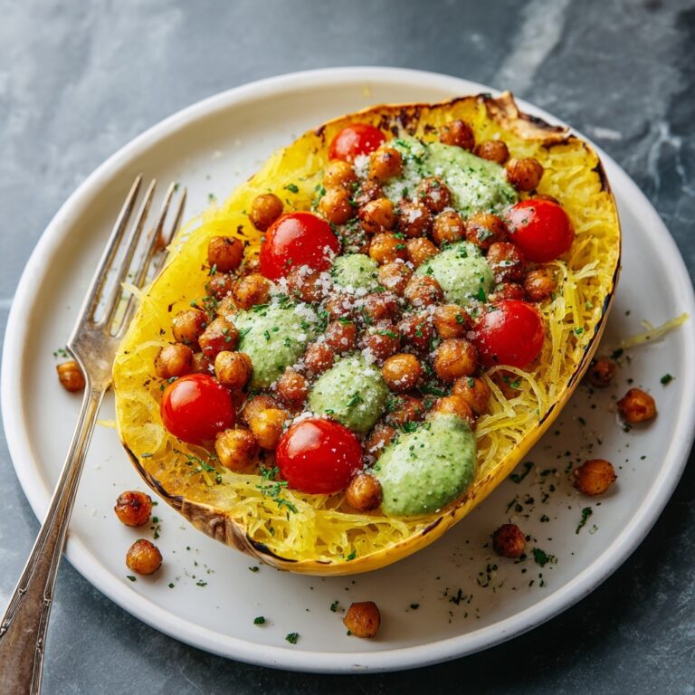 Pesto Spaghetti Squash with Spicy Roasted Chickpeas Recipe