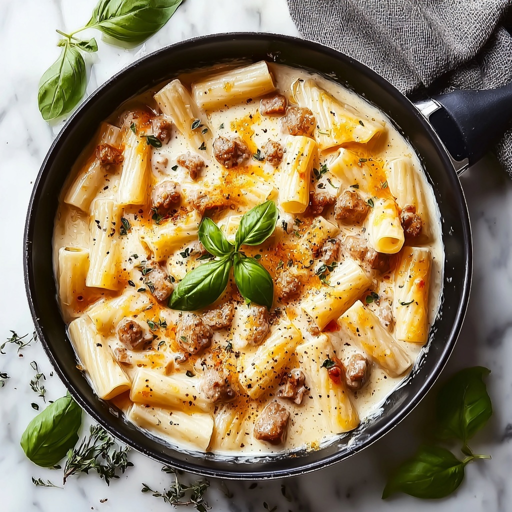 Creamy Beef Sausage Alfredo Rigatoni Recipe - Recipe Image