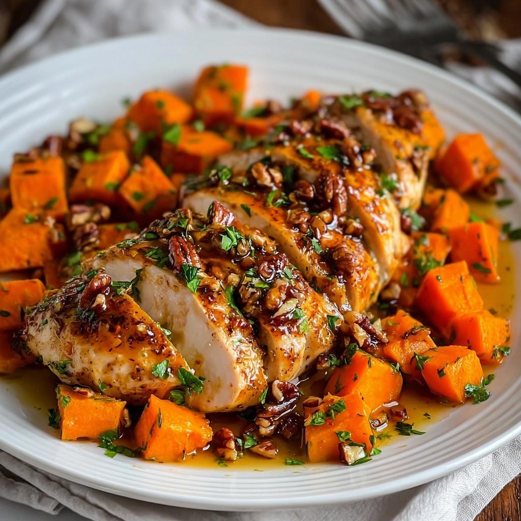 Maple-Glazed Chicken with Roasted Sweet Potatoes and Pecans Recipe - Recipe Image