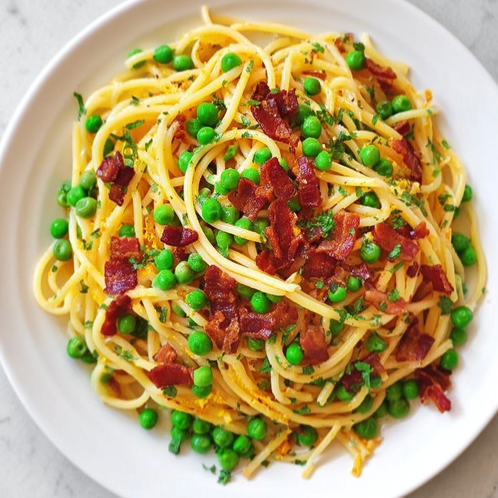 Creamy Lemon Pasta with Bacon and Peas Recipe - Recipe Image