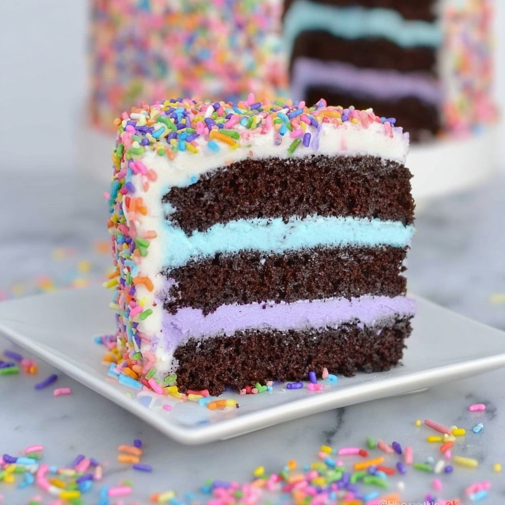 Chocolate Sprinkle Cake with Vibrant Rainbow Jimmies Recipe - Recipe Image