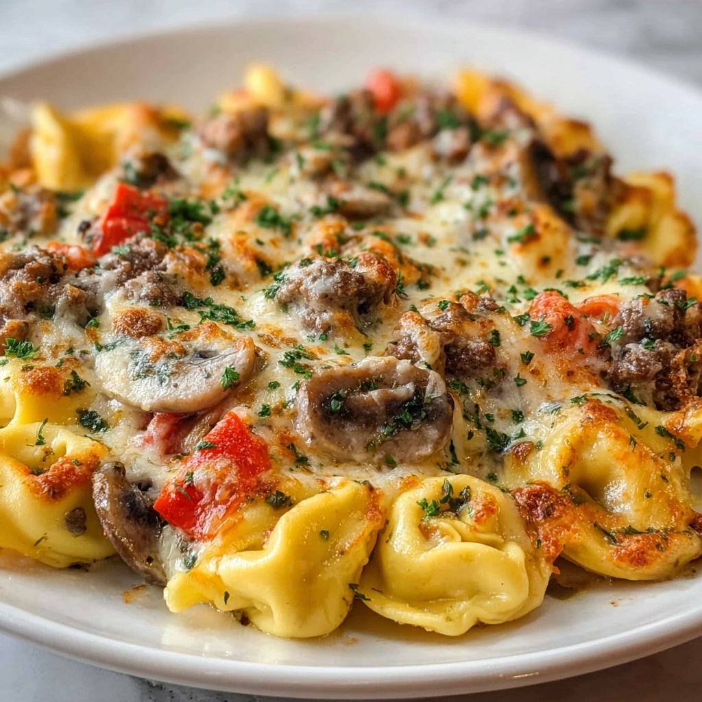 Golden Cheese Steak Tortellini Casserole Recipe - Recipe Image