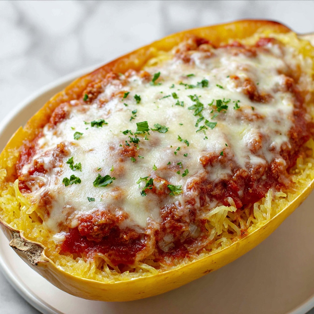 Stuffed Spaghetti Squash with Savory Meat Sauce and Cheesy Toppings Recipe - Recipe Image