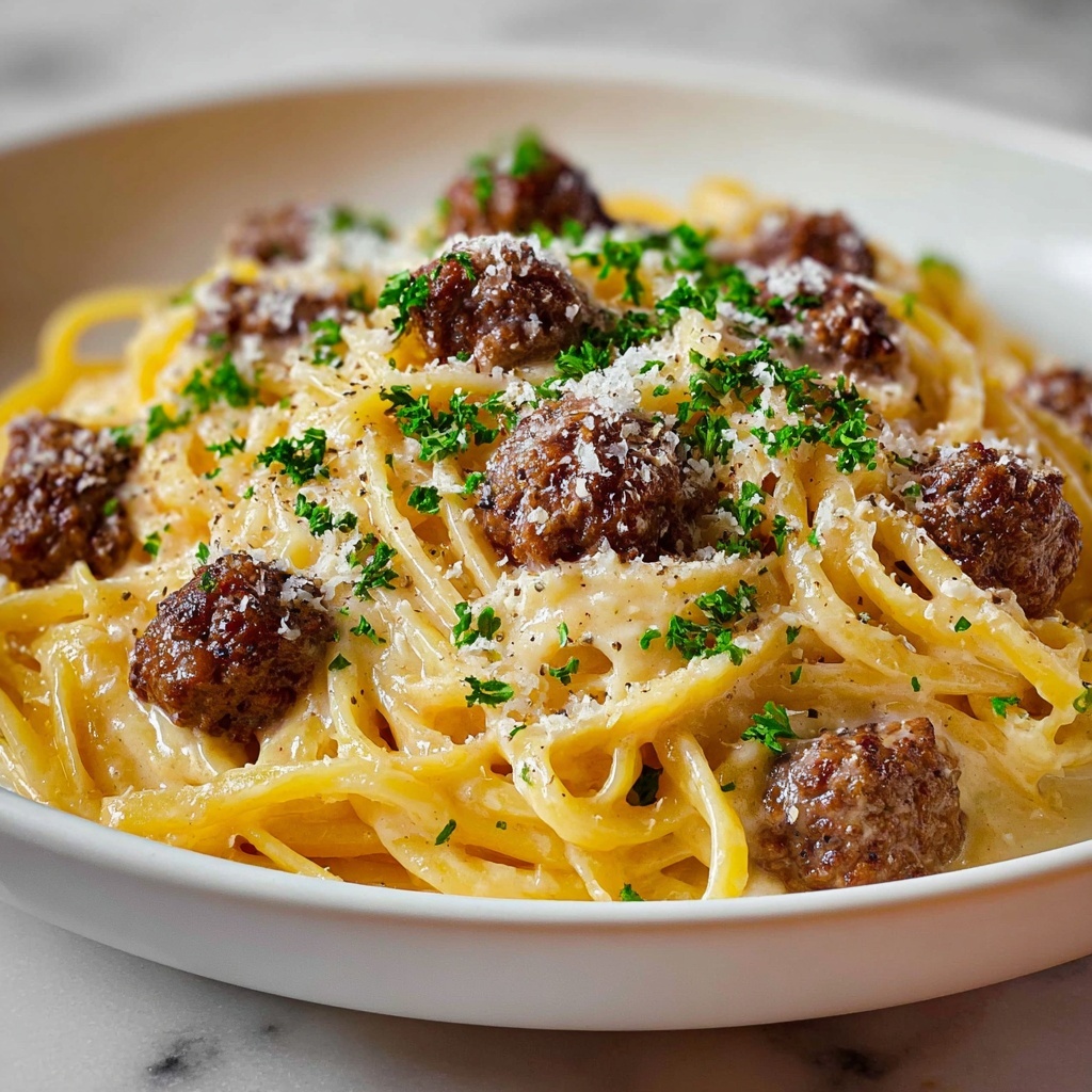 Cajun Beef Spaghetti in Creamy Three-Cheese Parmesan Sauce Recipe - Recipe Image
